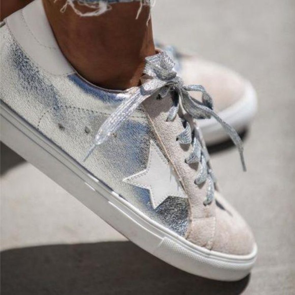 Metallic Silver Low Top Star Sneakers - Picture 3 of 15